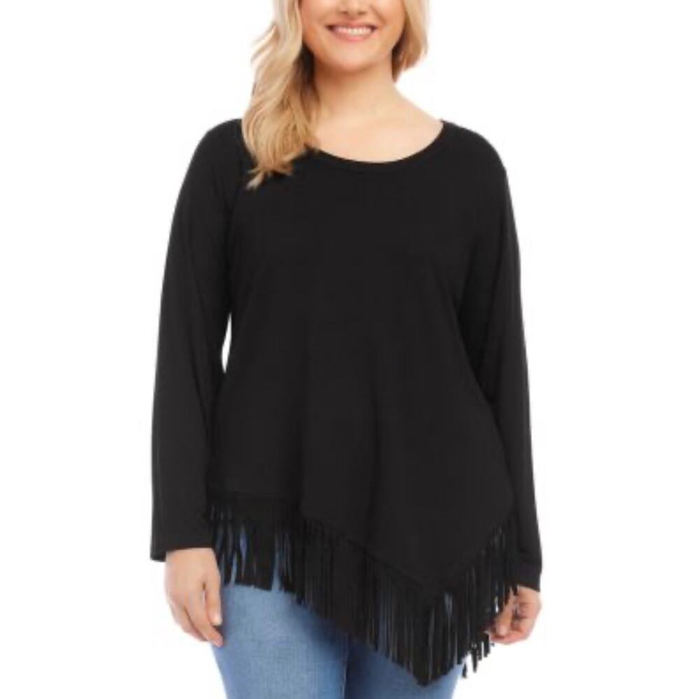 Karen Kane Asymmetric Fringe Top Black Long Sleeve Plus Size 1X Bohemian Western